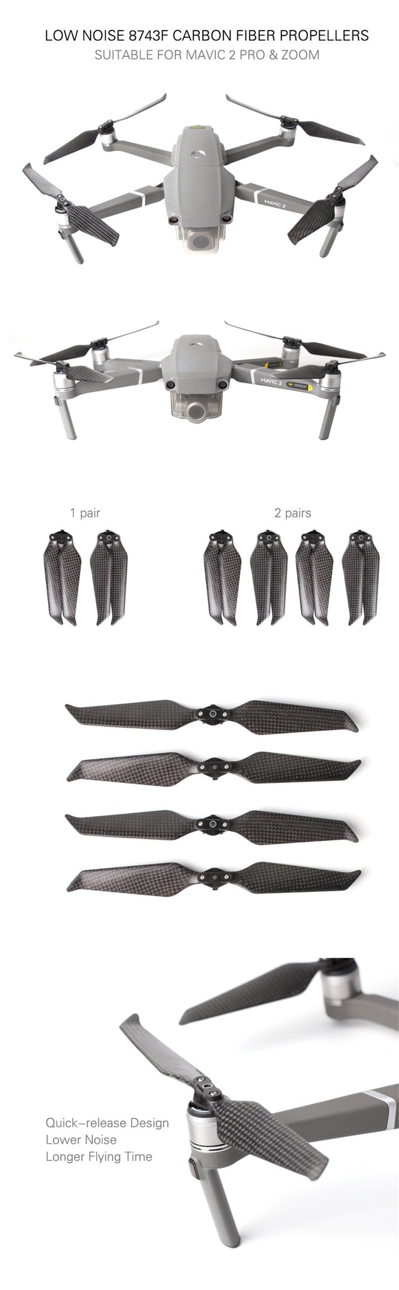 Quick release propeller 8743F silent noise reduction carbon fiber paddle for MAVIC 2 PRO Zoom (2 Pairs/4 Pcs)